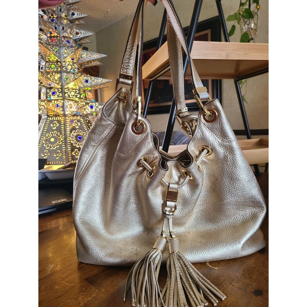 Michael Kors Gold Pebbled Leather Camden Tassel Drawstring Hobo Shoulder Bag